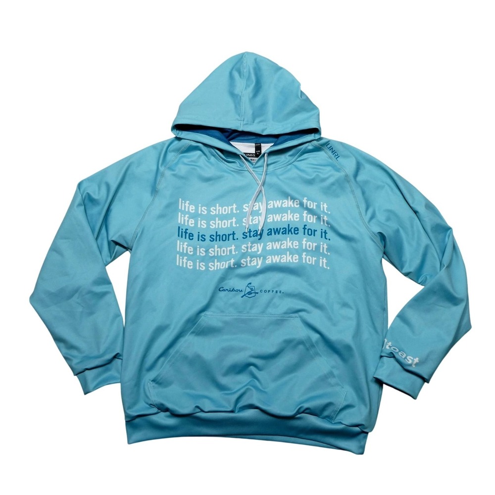 UNRL Hoodie Sweatshirt Mens Large Blue Caribou Coffee Life Is Short Graphic